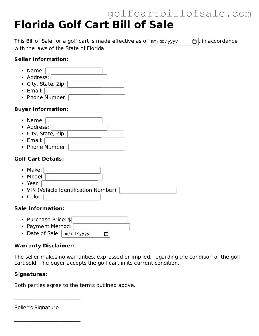 Legal Golf Cart Bill of Sale Form for Florida State