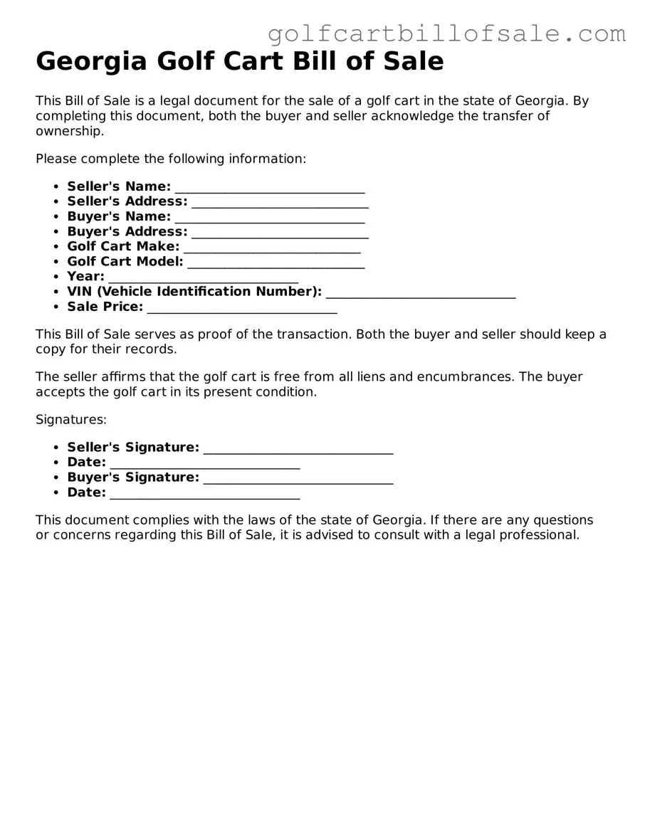 Legal Golf Cart Bill of Sale Form for Georgia State
