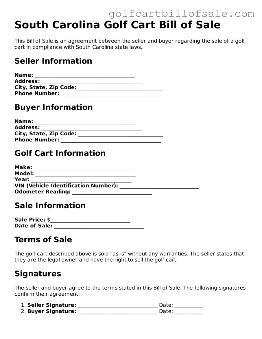 Legal Golf Cart Bill of Sale Form for South Carolina State