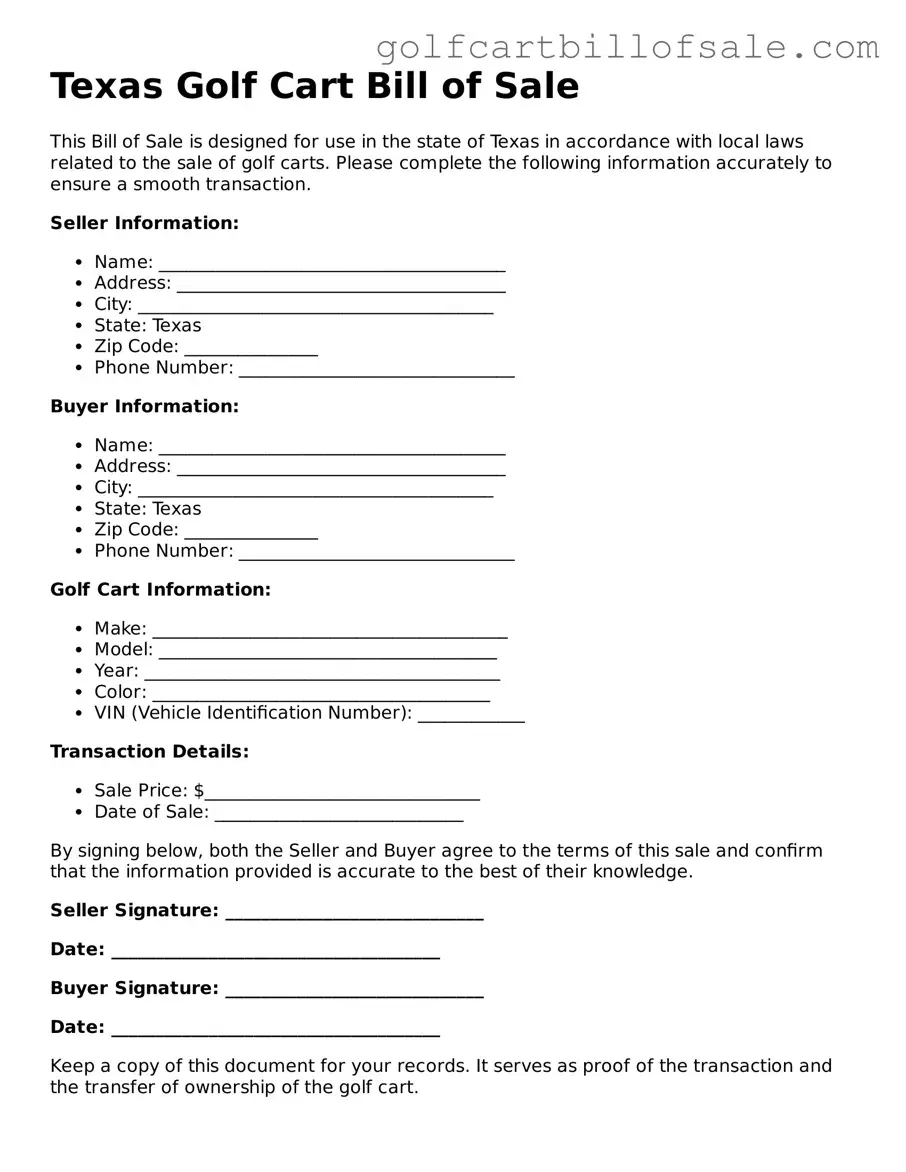 Legal Golf Cart Bill of Sale Form for Texas State